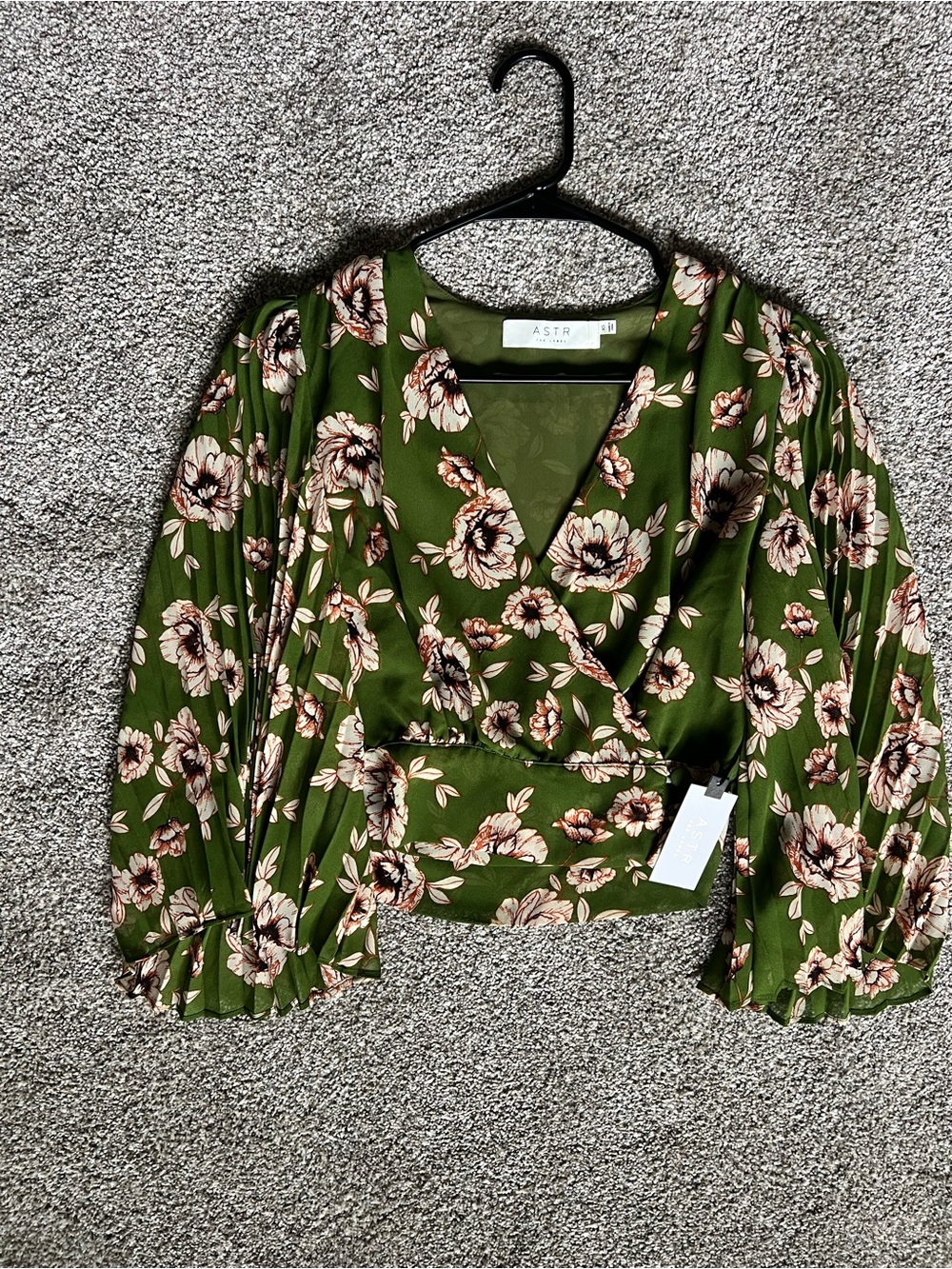 Astr Olive Floral Wrap Blouse with Puff Sleeves